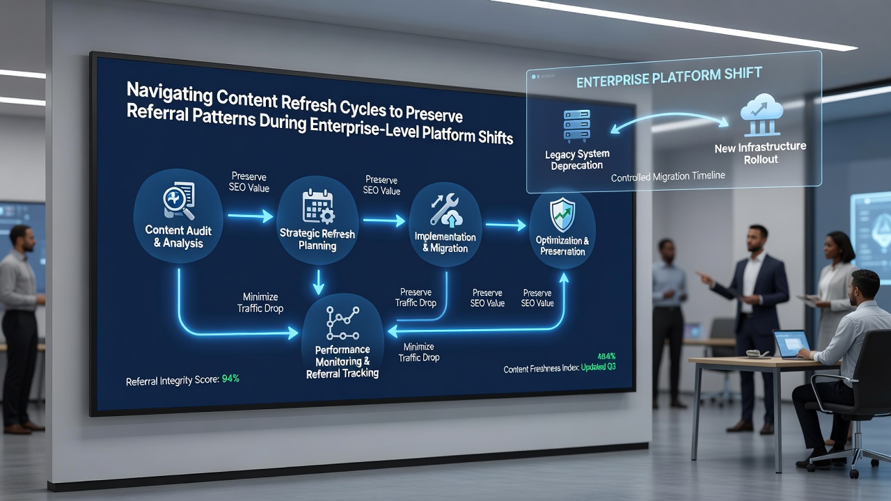 Flowchart showing referral pattern preservation steps across content update and platform migration stages